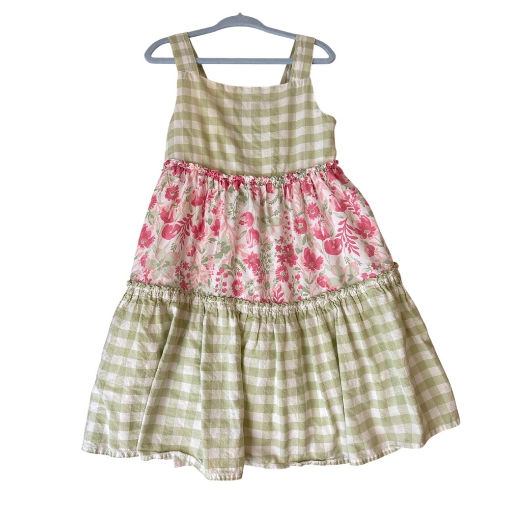 Rachel Zoe Tiered Dress Girls Green Pink Gingham Floral Tea Party SIZE 6X/7